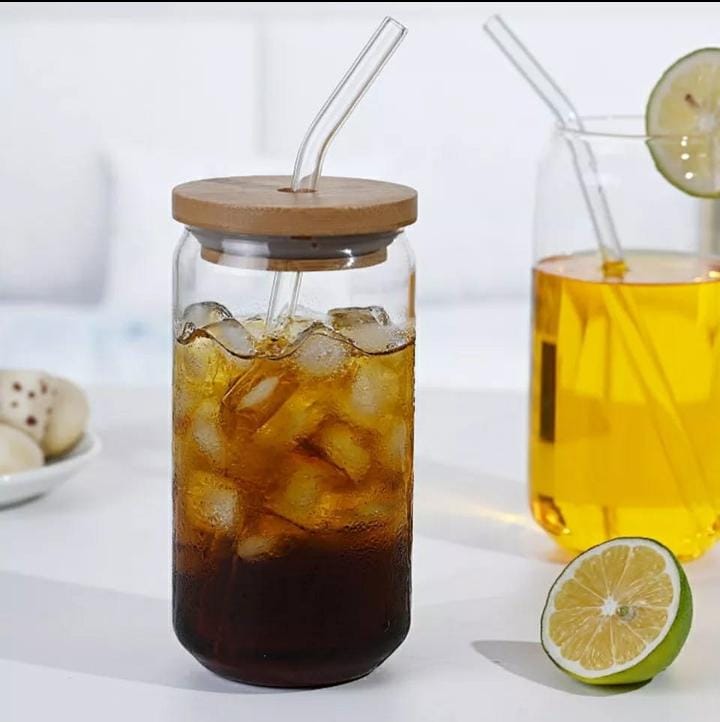 470ml transparent glass cup with bamboo holed lid