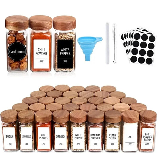 29pcs Glass Spice Jars set with Labels and Bamboo Lids