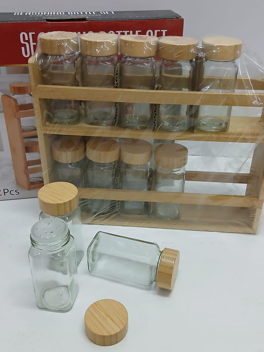 12 in 1 wooden spice rack with Glass spice jars