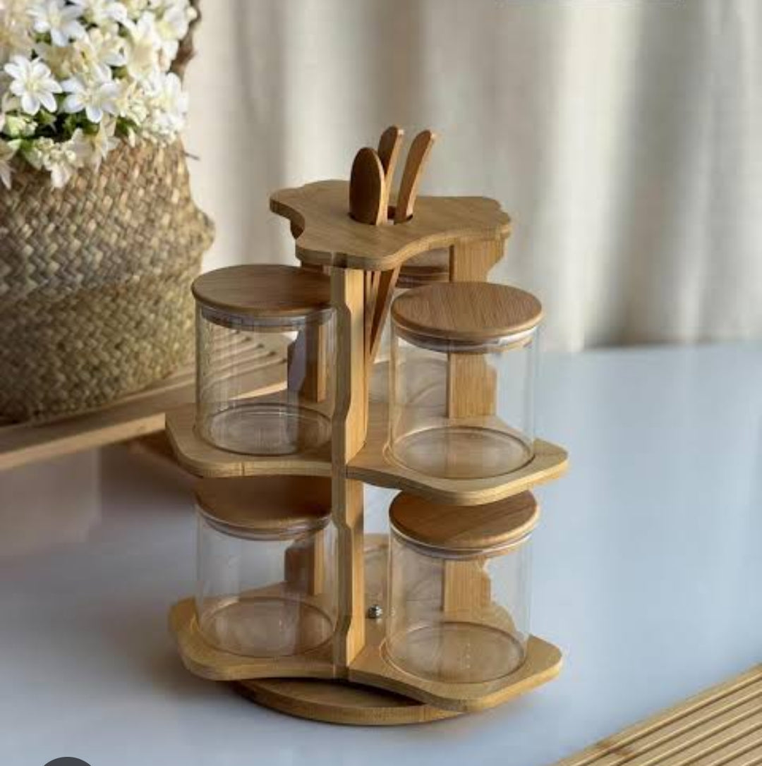 Rotating Jar Set 6PCS glass storage with bamboo spoons, Wooden Circle two Tier