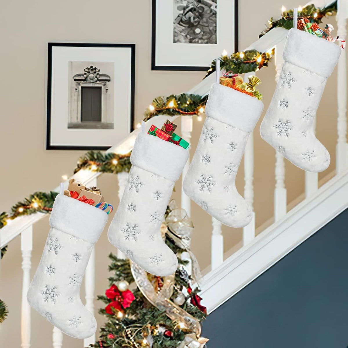 4 Pack Christmas White Faux Fur Xmas socks with Silver Sequin Snowflakes
