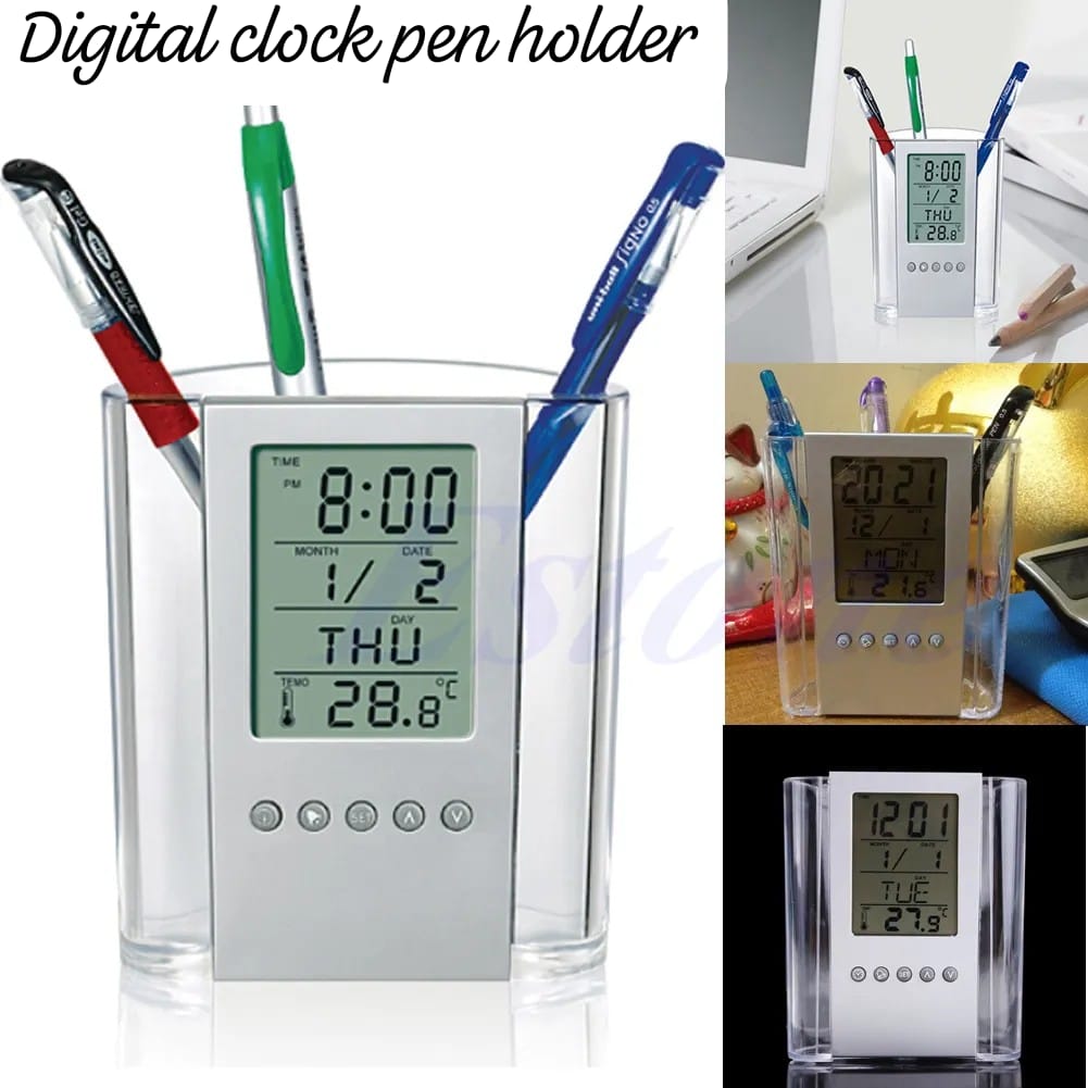 Pen Pencil Holder/organizer, Digital LCD Desk Pen Holder, Calendar, Timer, clock, thermometer Desktop Electronic Office stationary organizer, office giftset, bedroom table organizer, can be branded for promotion and as gifts
