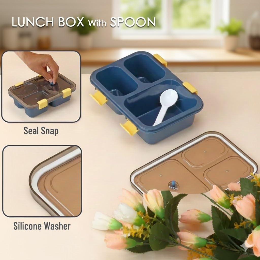 3-Compartment, 3-grid Bento Lunch Box with Spoon, Leak-Proof Food Container, Snap-Lock Lid, Silicone Washer