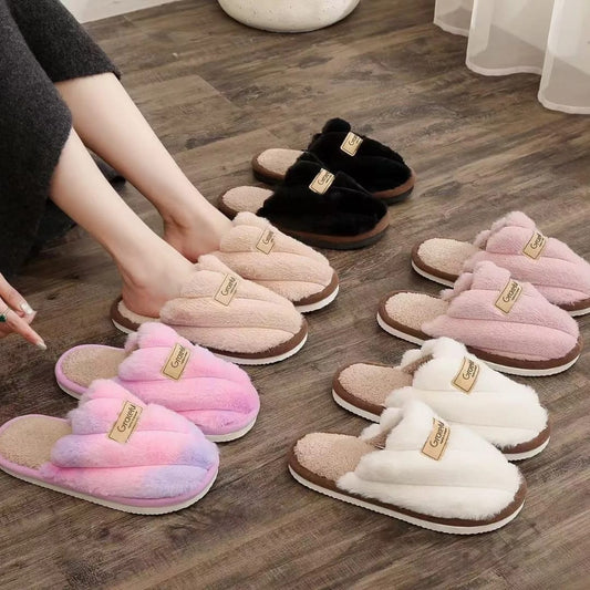 Women Pink Soft Fluffy Warm Fur Slippers Woman Winter Light Closed Toe Living Room Shoes Female