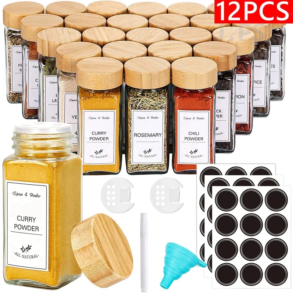 29pcs Glass Spice Jars set with Labels and Bamboo Lids