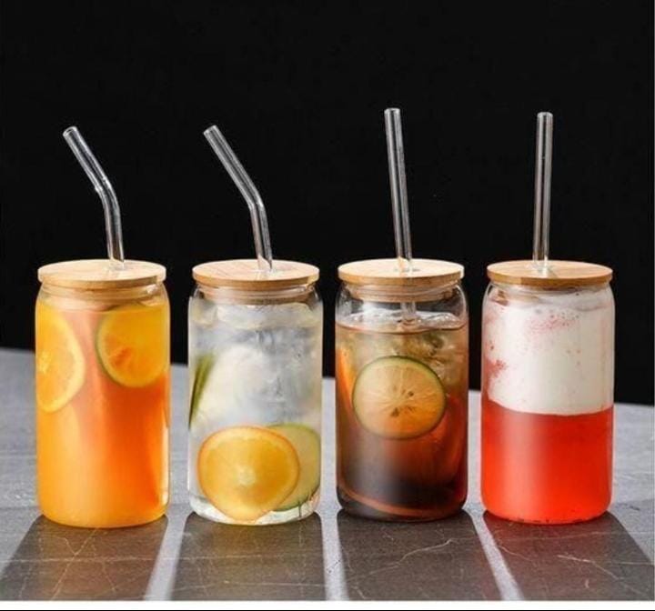 470ml transparent glass cup with bamboo holed lid