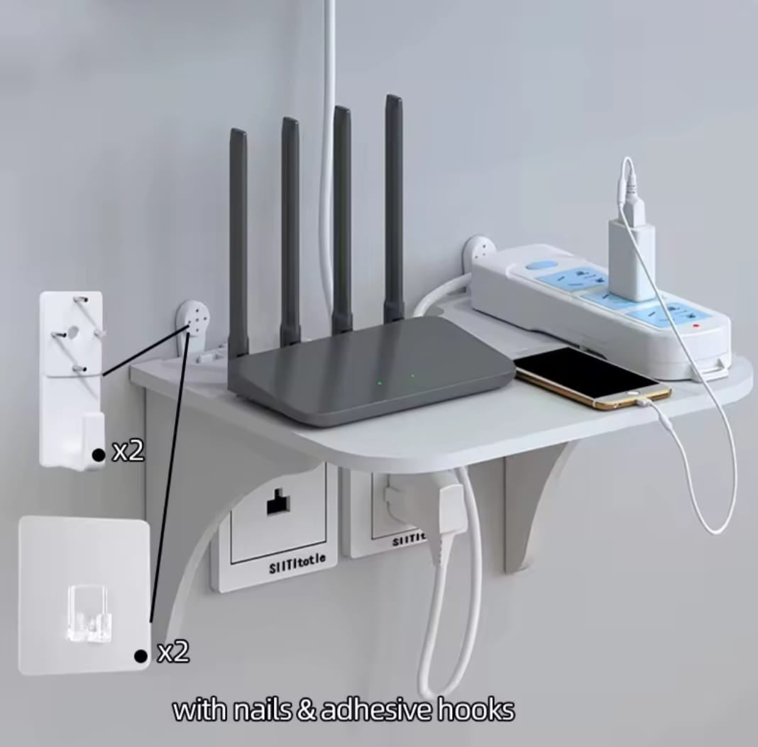 Wall mount floating shelf storage for home, office. Home router storage wall artifact set top box
