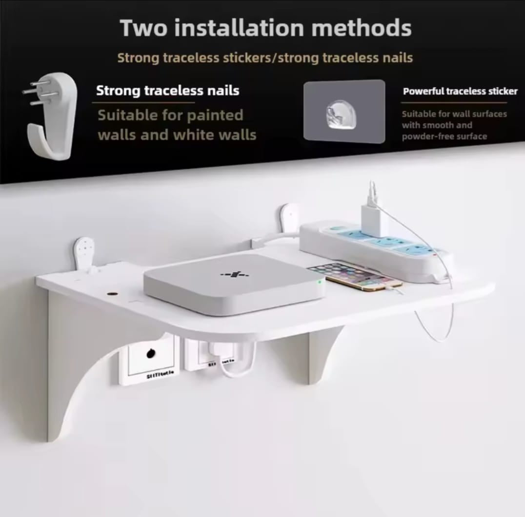 Wall mount floating shelf storage for home, office. Home router storage wall artifact set top box