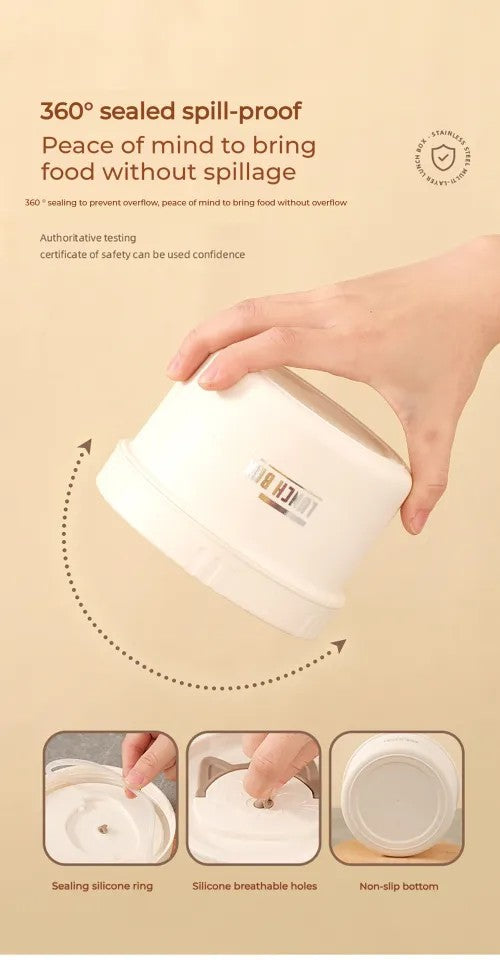 Round 550ml Bento Lunch Box, Stainless Steel with Lid, Large Capacity, Easy Wash, Microwave Safe, Carry On Lunch Box