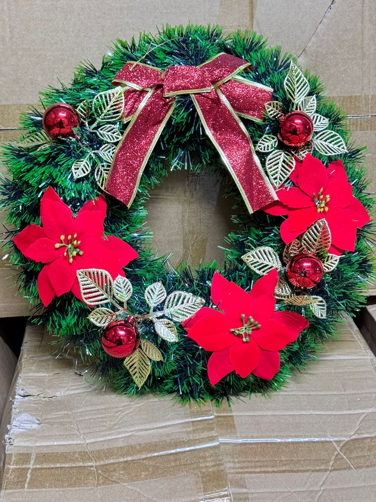 40CM Christmas Wreath for Front Door \ Window with pine artificial garland, Christmas red balls, red bow tie & flowers