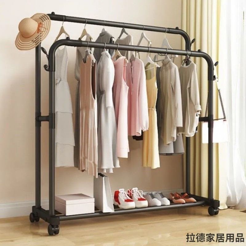Double Pole Clothing Rack With Wheels & Lower Storage Shelf for Boxes /Shoes