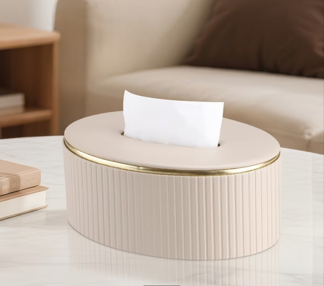 Light luxury vertical-striped oval serviette box with gold-edged accents