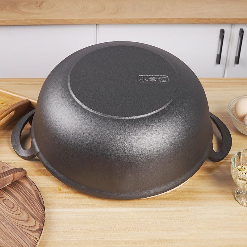 Pre-seasoned Pure Cast Iron Flat Bottom Wok with cast iron Lid