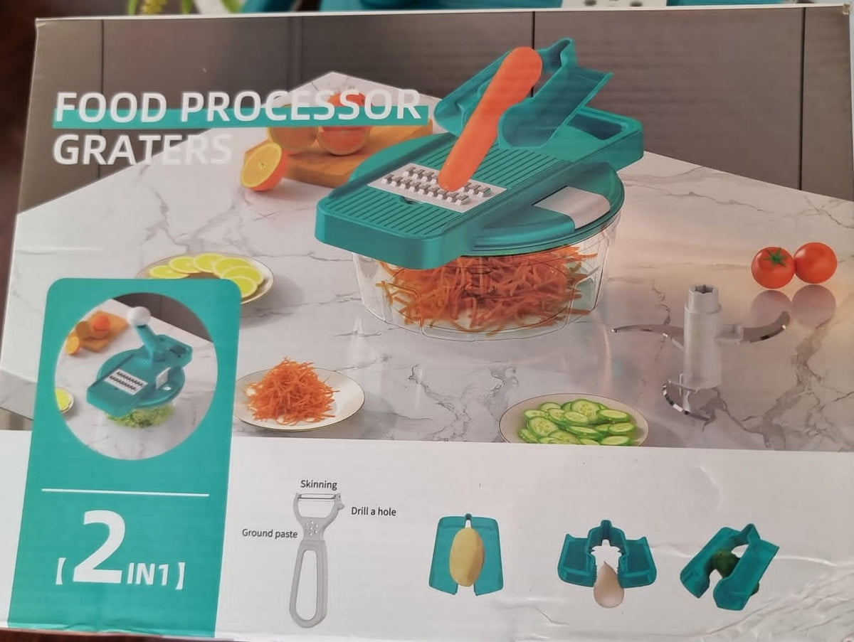 2-in-1 manual food processor includes a chopper, mincer, blender, and grater.
