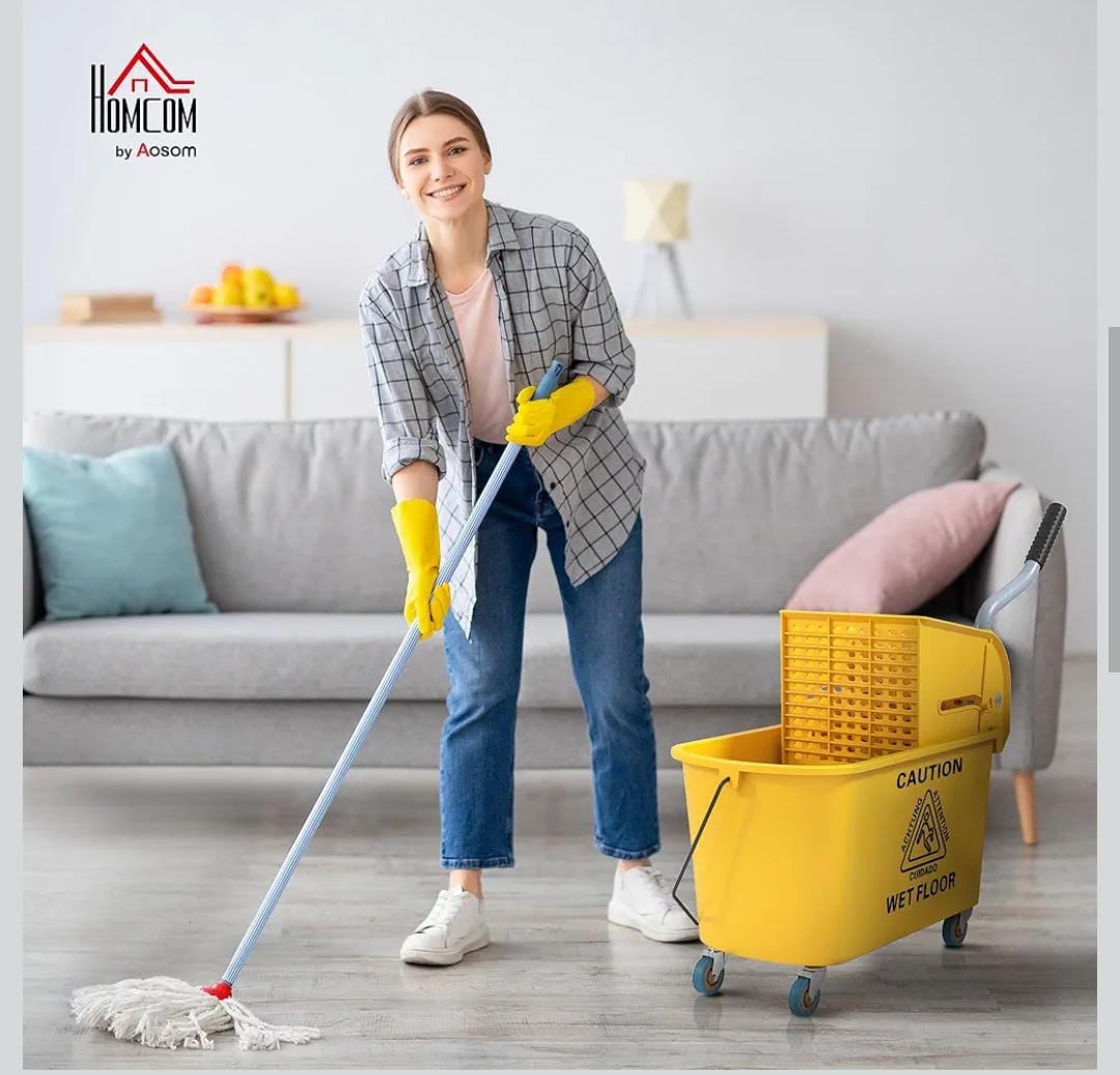 Heavy Duty cleaning Mop Bucket with Wringer Set on Wheels for Floor Cleaning, 20 Litre Side Press Wringer with Handle and Mop, Yellow