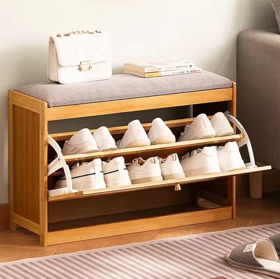 Wooden stool with shoe cabinet