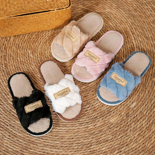 1Pair Casual Open Toe Fluffy Slippers Soft Sole Non-Slip Home Slippers Flat Bottom Keep Warm Women's Slippers Winter
