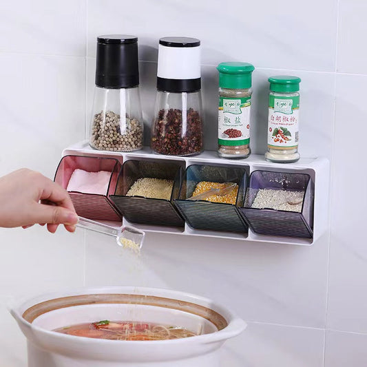 4-slot kitchen wall spice organizer with transparent, colored drawers