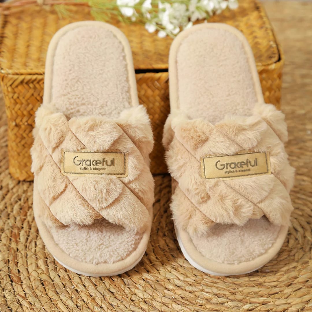1Pair Casual Open Toe Fluffy Slippers Soft Sole Non-Slip Home Slippers Flat Bottom Keep Warm Women's Slippers Winter