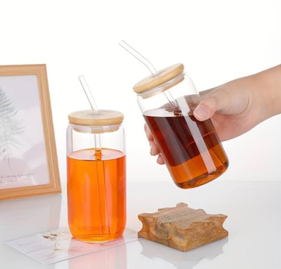 470ml transparent glass cup with bamboo holed lid