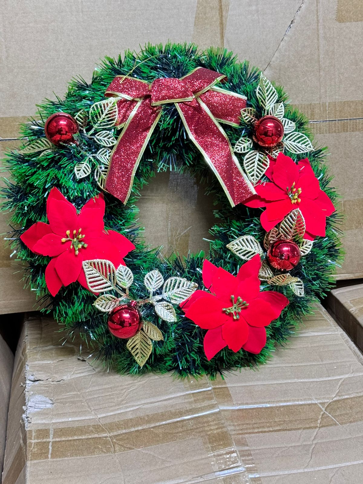40CM Christmas Wreath for Front Door \ Window with pine artificial garland, Christmas red balls, red bow tie & flowers