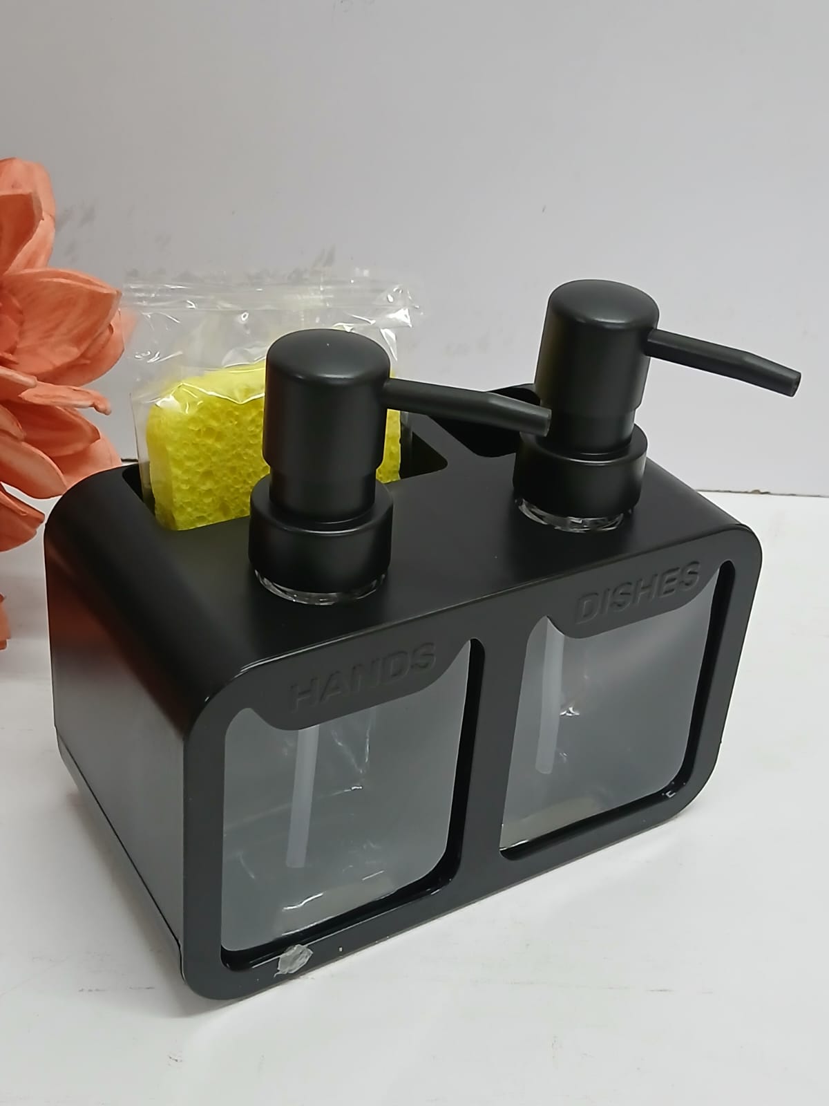Hand and dish soap dispenser set with sponge