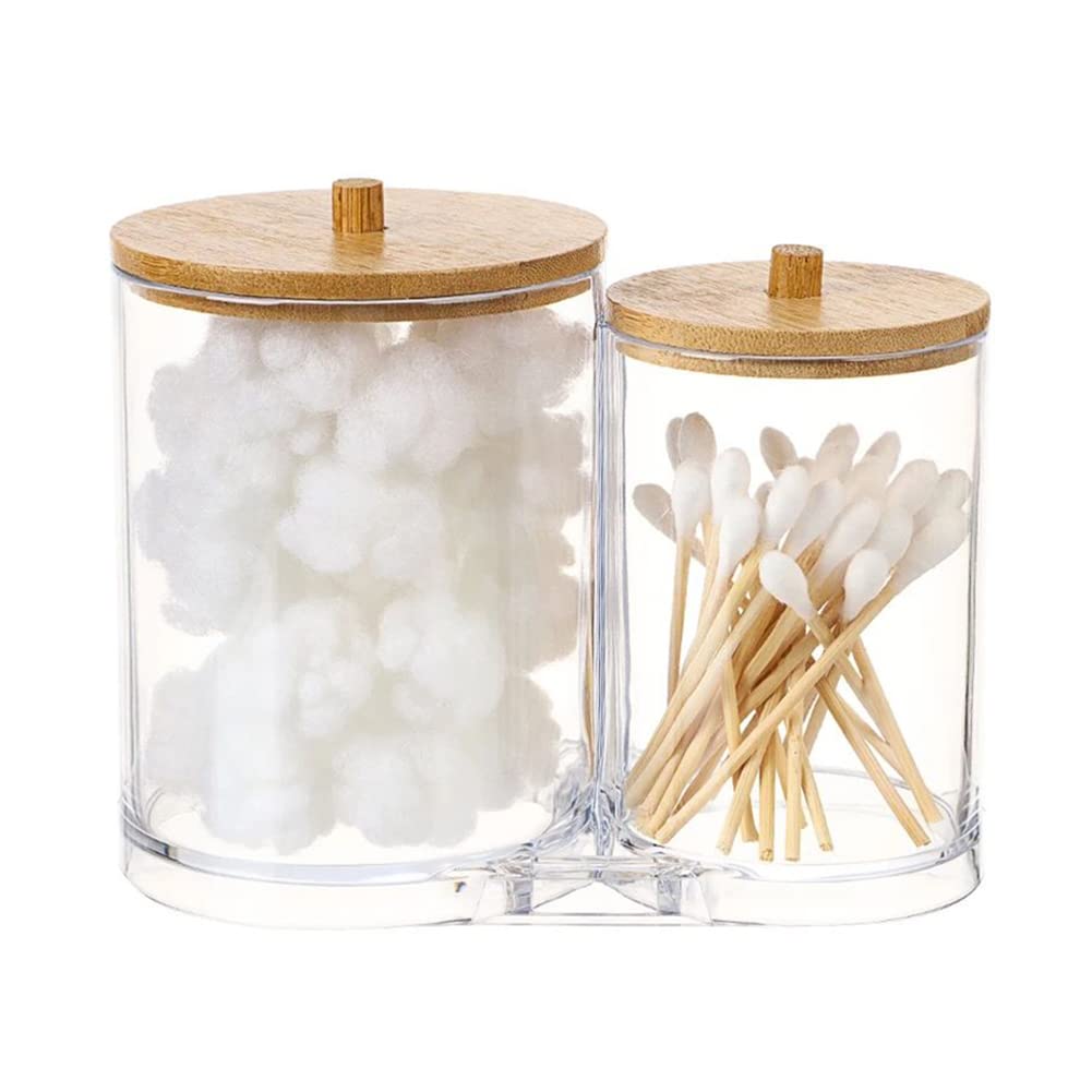 Double Compartment Acrylic Makeup Organizer Cotton Pad Storage Box For Cotton Swabs / Jewelry Organizer with Bamboo Lid