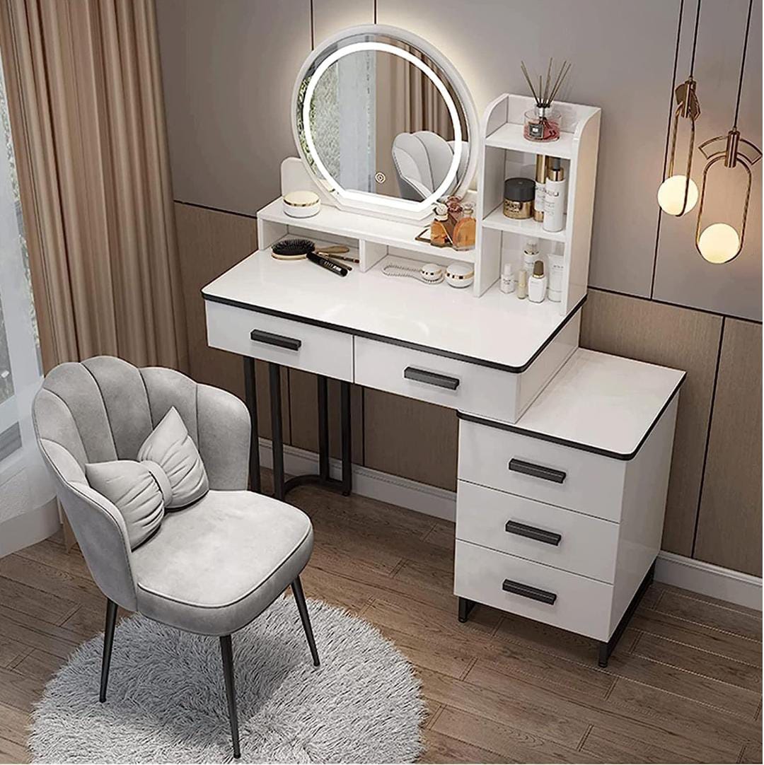 Dressing  vanity table features a led lighting mirror, multiple drawers for storage and a spacious surface for all your cosmetics and beauty tools
Minimal sized