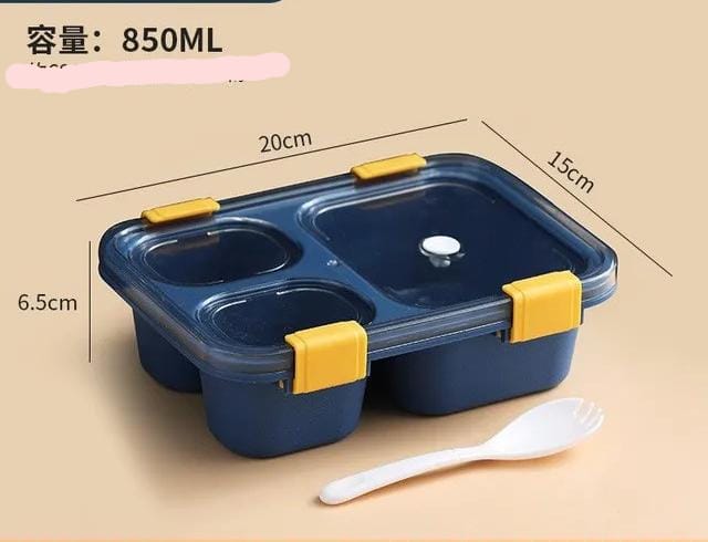 3-Compartment, 3-grid Bento Lunch Box with Spoon, Leak-Proof Food Container, Snap-Lock Lid, Silicone Washer