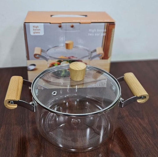 2 wooden handle High Boron Heavy  borosilicate Glass cookware