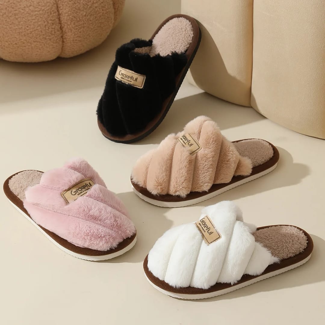 Women Pink Soft Fluffy Warm Fur Slippers Woman Winter Light Closed Toe Living Room Shoes Female