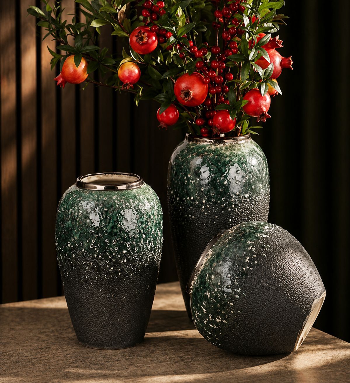 Dark green & Gold Accent Vase Set (3pcs)