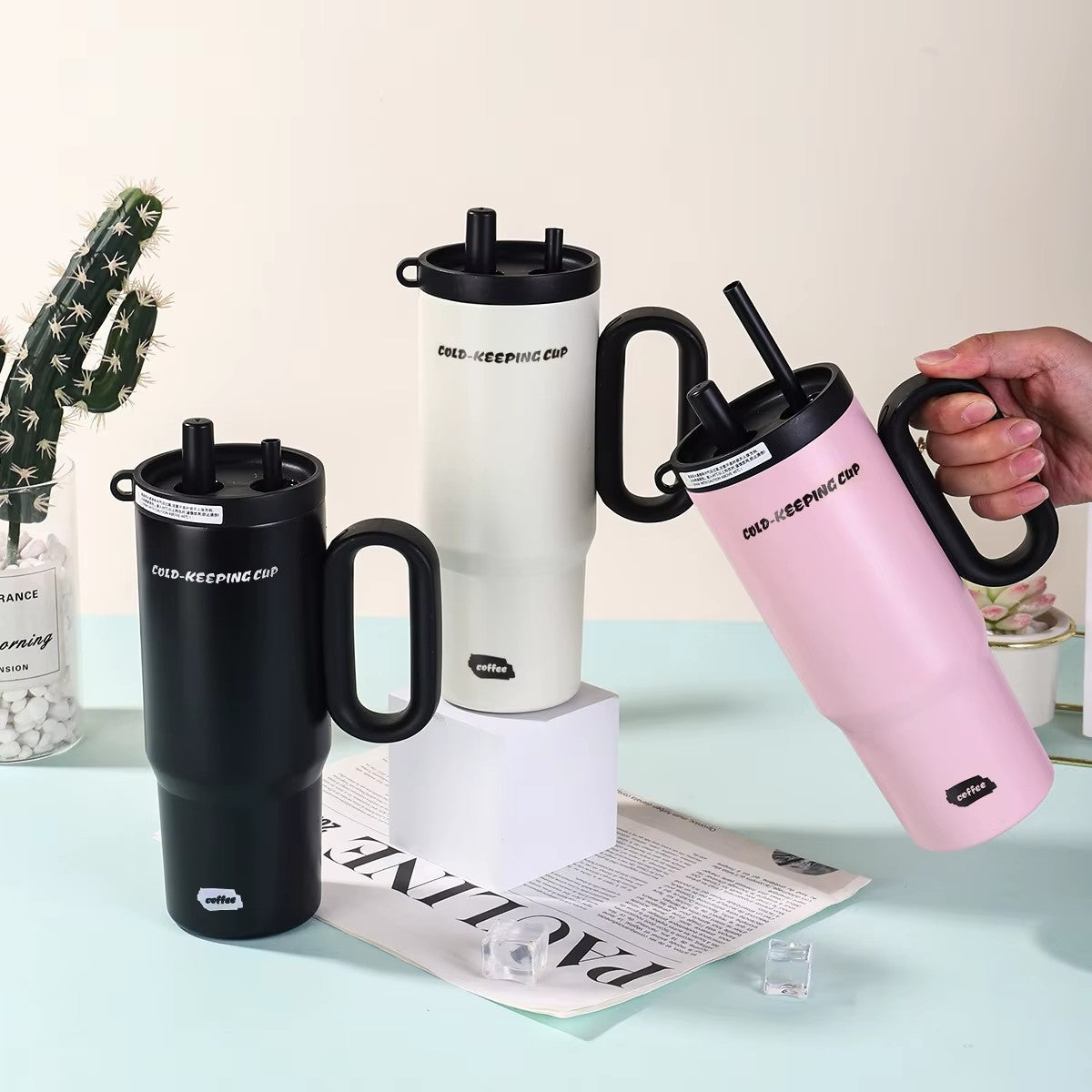 New 700ml High-Value Happy everyday Handle Ice Bucket Fashion Stanley design Large-Capacity Stainless Steel Vacuum Thermos Cup Outdoor Car Portable Straw