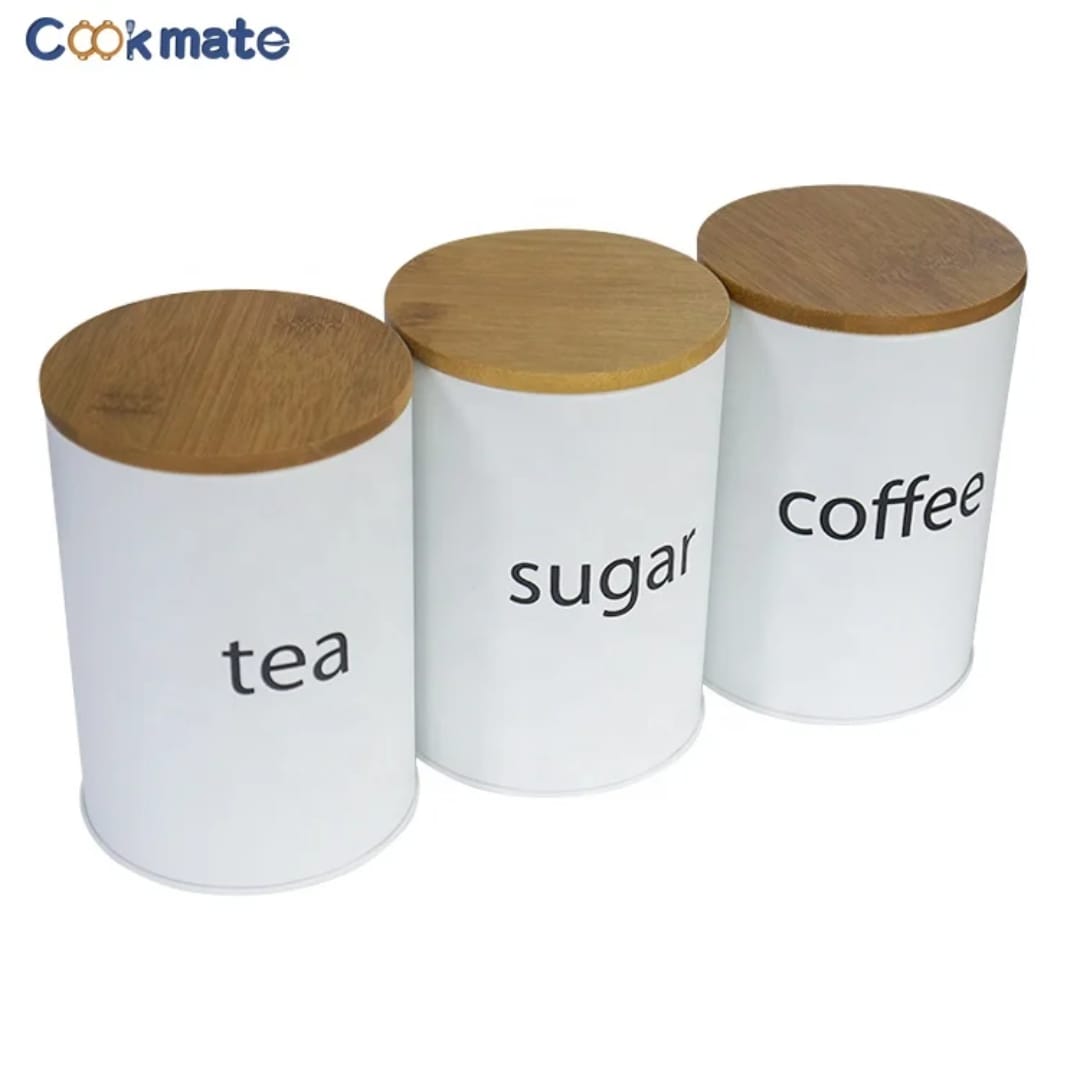 Coffee, Sugar & Tea Alloyeyal canisters with a bamboo lid