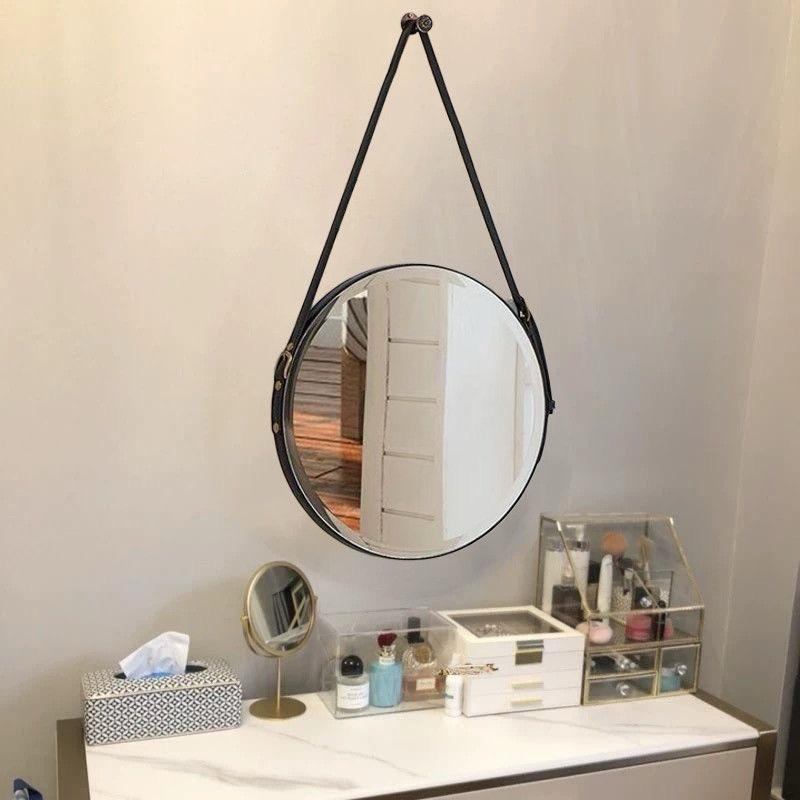 Nordic Wall Hanging Decorative Mirror / Creative Living Room Round Vanity Mirror / Bathroom Mirror with Leather strap