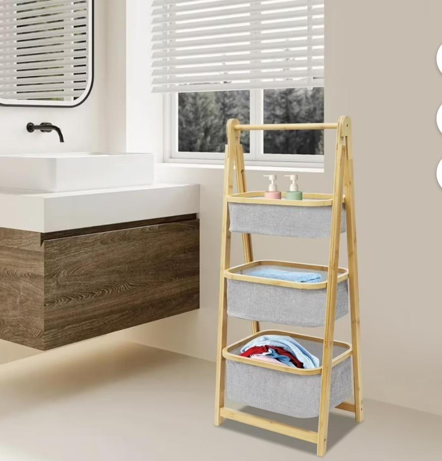 Foldable Bamboo Laundry Hamper Free-Standing Bamboo Frame Organiser with Pull-Out Fabric Baskets And Shelf, for Laundry Room Bathroom Bedroom Laundry Sorter Organizer, Style 3