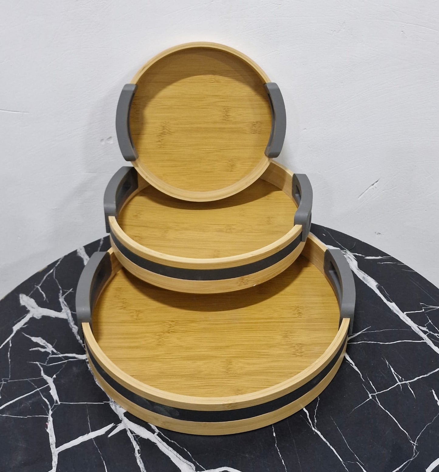 3-Piece Bamboo Nesting trays with Grey Handles