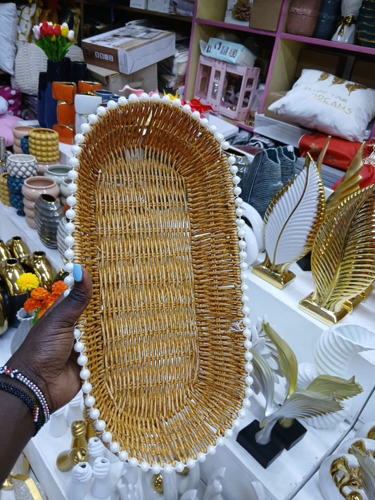 Rectangular Woven Rattan Tray with Pearl Trim