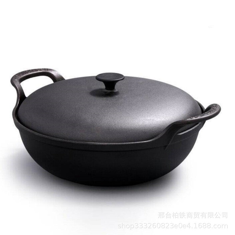 Pre-seasoned Pure Cast Iron Flat Bottom Wok with cast iron Lid