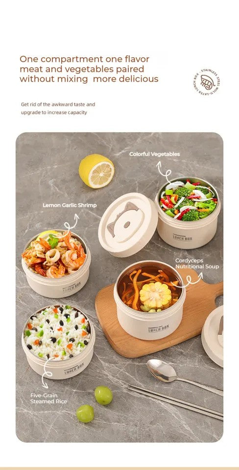 Round 550ml Bento Lunch Box, Stainless Steel with Lid, Large Capacity, Easy Wash, Microwave Safe, Carry On Lunch Box
