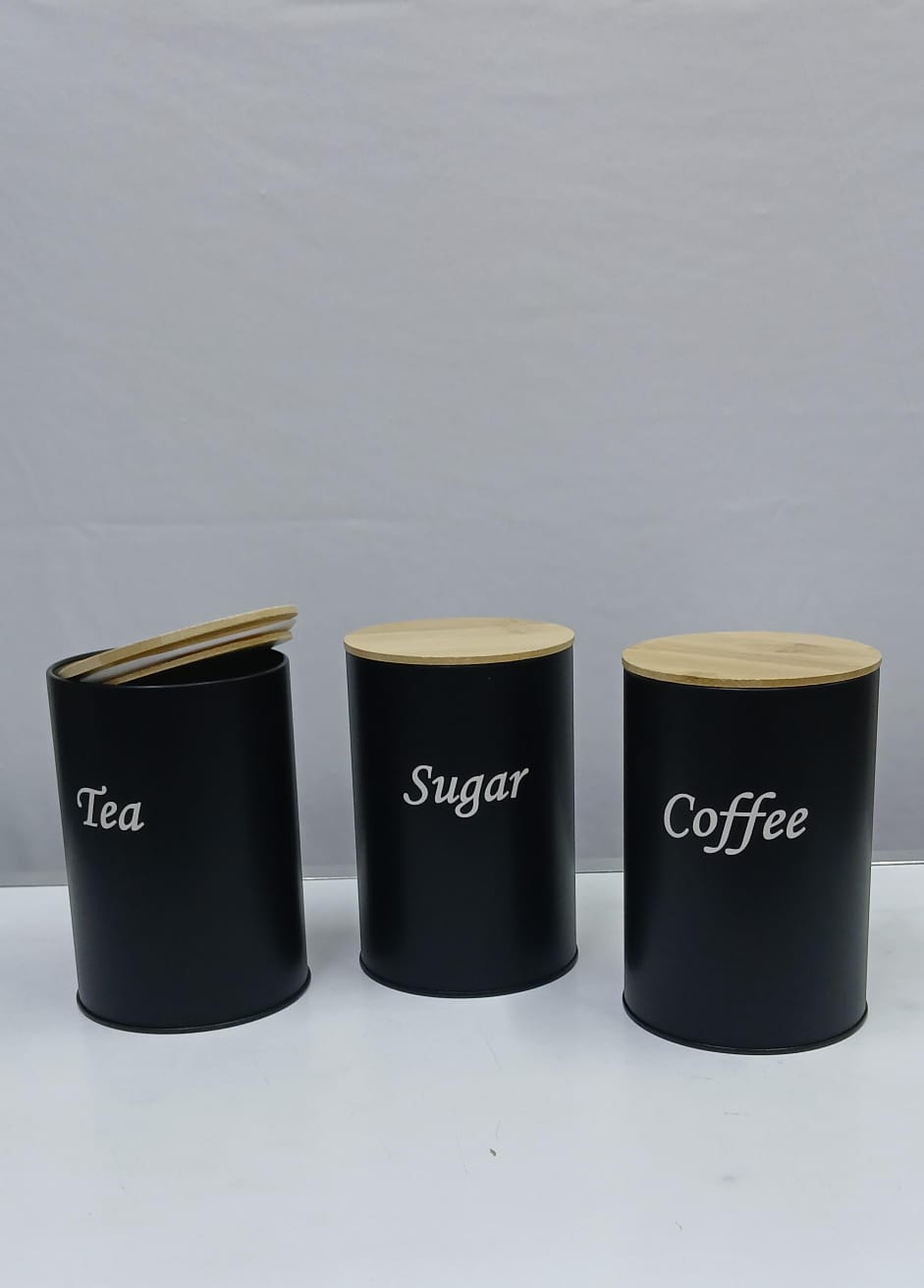 Coffee, Sugar & Tea Alloyeyal canisters with a bamboo lid