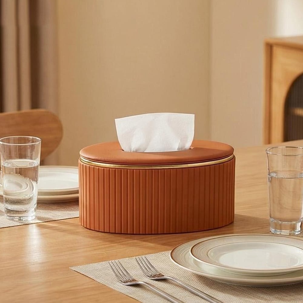 Light luxury vertical-striped oval serviette box with gold-edged accents