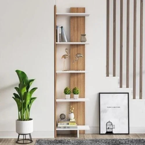 Sly Corner Bookshelf Décor Stand Teak and White
