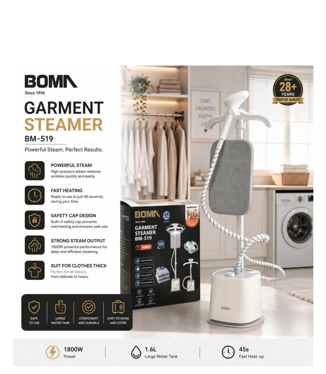 1800W 1.8L Steam Iron Standing Garment Steamer with Ironing Board, Strong Steam Penetration, Wrinkle Removal, Suitable for Home, Office and Travel