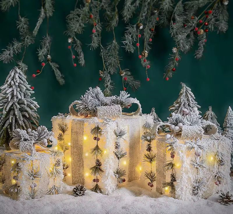 3Pc Set Snow Flocked Christmas Lighted Gift