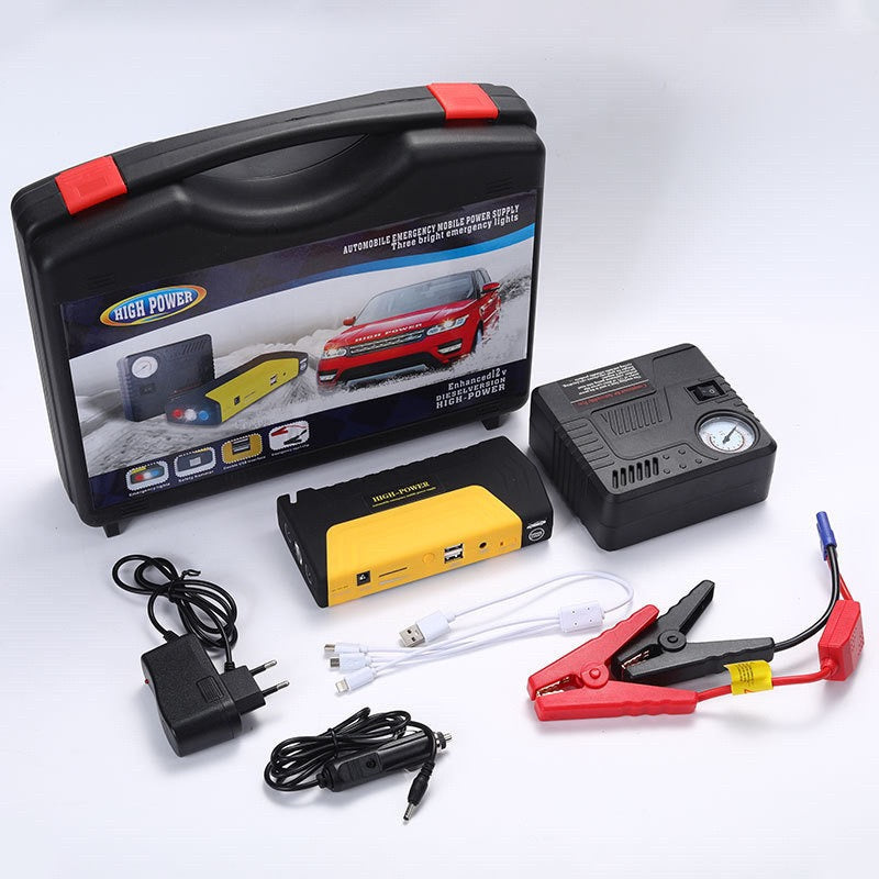 Car Jump Starter + Air Pump Kit. 4-in-1: jump start, tyre inflator, power bank, LED light. 12V. Includes carry case + all cables