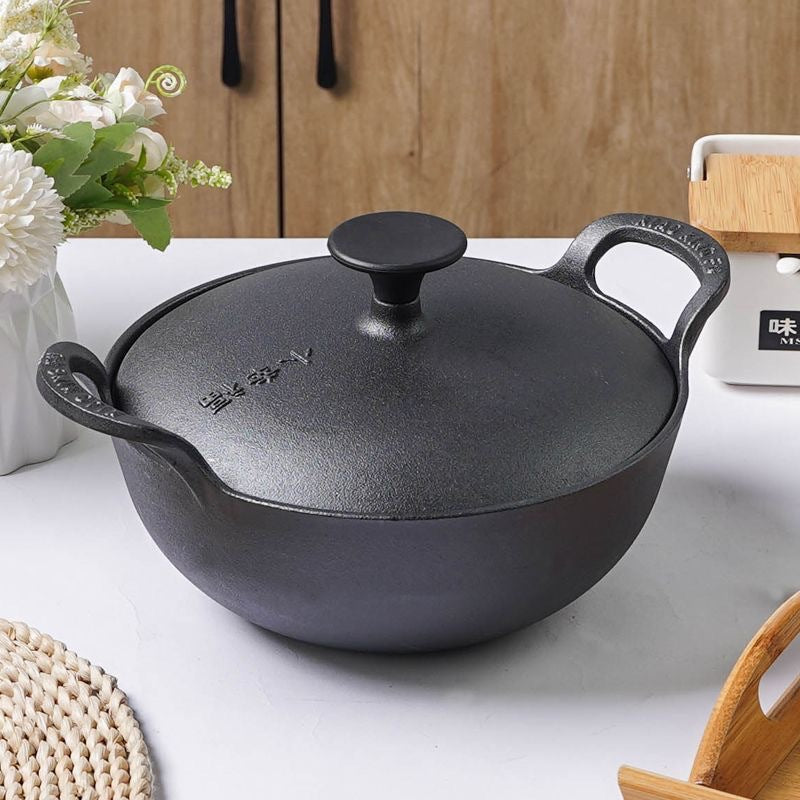 Pre-seasoned Pure Cast Iron Flat Bottom Wok with cast iron Lid