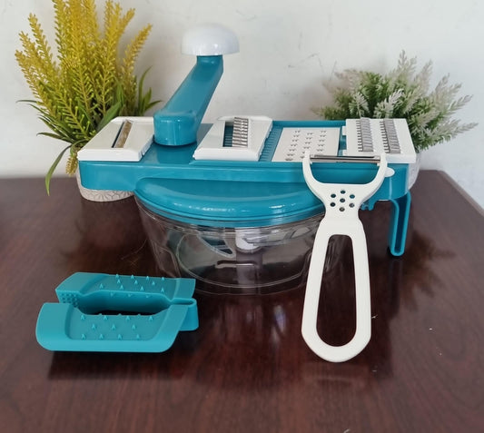 2-in-1 manual food processor includes a chopper, mincer, blender, and grater.