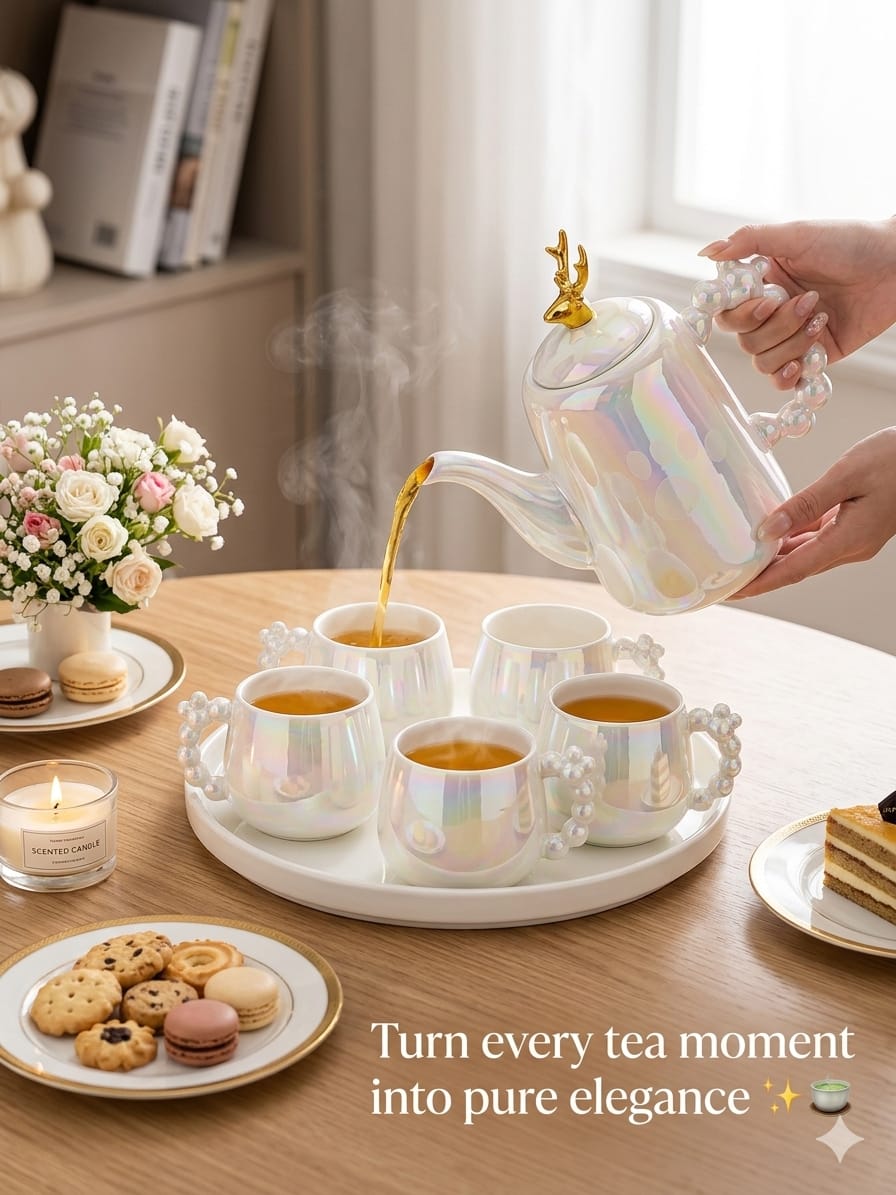 9pc Luxury Pearl Handle Tea Set