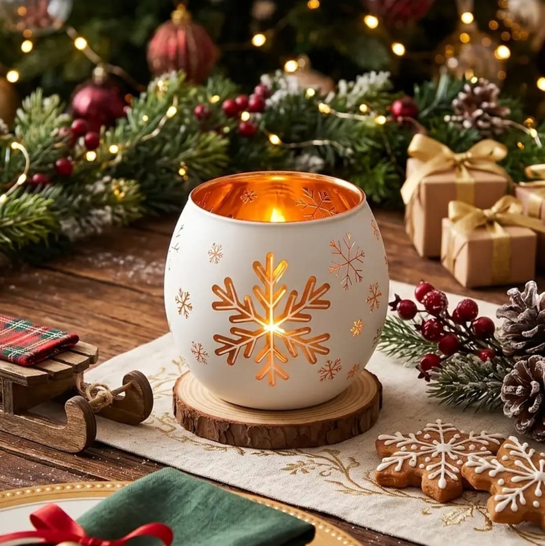 2Pc  Glass Snowflake Tealight Candle  Holders Set